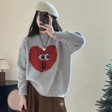 Women Knitted Pullover Heart Smiling Face Embroidery round Neck Sweater Autumn and Winter Loose Knitwear