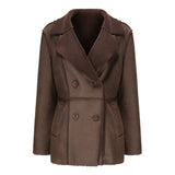 Red Leather Jacket Lapel with Velvet Leather Suede Coat for Women
