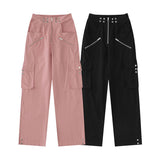 Women Sweatpants Dopamine Pink Summer Zipper Multi-Pocket Straight Casual Pants