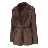 Red Leather Jacket Lapel with Velvet Leather Suede Coat for Women