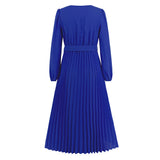 Women Date Dress Autumn and Winter V-neck Lace Pleated Lace-up Long Dress