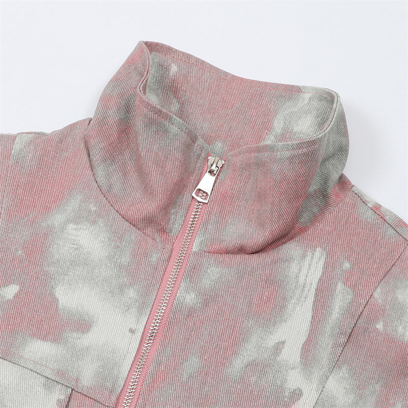 Men Jacket Coat Tie-Dye Camouflage Stand Collar Jacket Male and Female Couples Wear Canvas Zipper Pocket Half Turtleneck Jacket