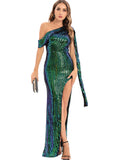 Women's Evening Gown Sexy Backless One-Shoulder Ribbon Sequins Dress Evening Dress