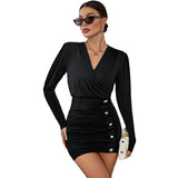 Women Dress V-neck Sexy Long Sleeve Narrow Skirt Dress