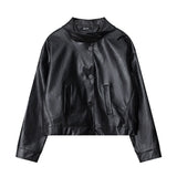 Women Jacket Leather Clothing with Stand Collar Coat Autumn Casual Loose Embroidered Button Biker's Leather Jacket