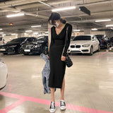 Women Dresses Long Skirt Sheath Dress V-neck Sweatshirt Skirt