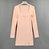 Women Dresses Square Collar Dress Sexy Embroidery Letter Sheath Long Sleeve Short Dress