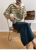 Women Knitted Pullover Vintage Stripe Lapel Knitwear Fall/Winter Loose Sweater Coat