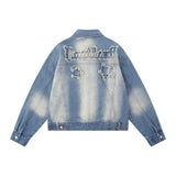 Women Jacket Five-Pointed Star Affixed Cloth Embroidered Washed White Denim Jacket