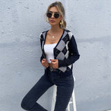 Women Knitted Sweater Autumn Long Sleeve Diamond Plaid V-neck Cardigan Knitted Sweater Coat