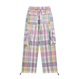 Women Pants Plaid Large Pocket Overalls Loose Wide Leg Casual Trousers