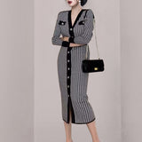 Women Maxi Dress Autumn and Winter V-neck Slim Houndstooth Knitted Dress