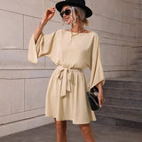 Women Dress round Neck Elastic Waistband Short Skirt Long Sleeve Dress