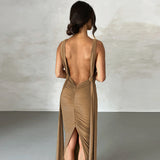 Women Dresses Summer Sexy Deep V-neck Backless Fold Split Dress