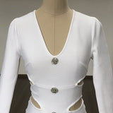 Women Evening Dress V-neck Bandage Dress Long Sleeve Simple Hollow Dress