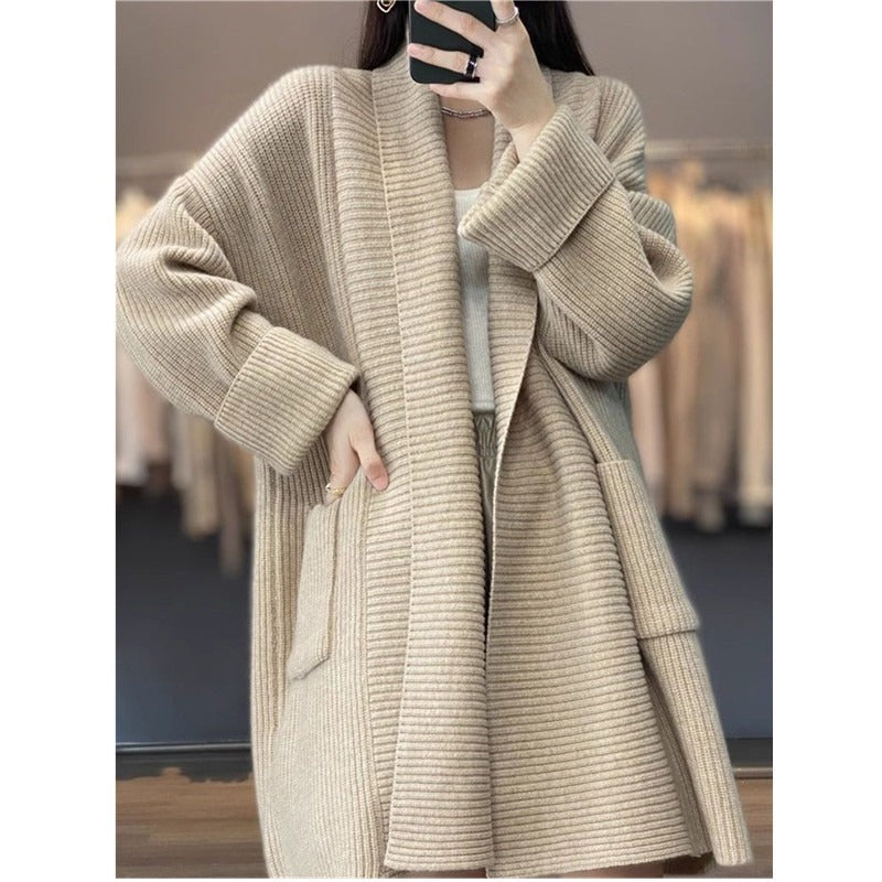 Women Knitted Cardigan V-neck Sweater Autumn and Winter Loose Cardigan Sweater Coat
