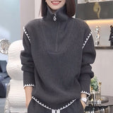 Women Knitwear Autumn and Winter Half Zipper Turtleneck Sweater Loose Sweater