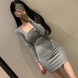 Women Dresses Square Collar Button Long Sleeve Dress Open Collar Low-Necked Sexy Hip Skirt