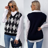 Women Knitted Sweater Autumn Plaid V-neck Thermal Knitting Sweater Vest for Women