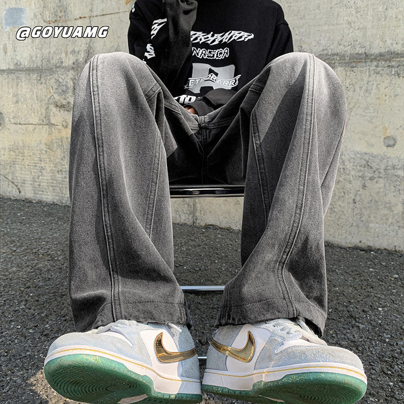 Men Jeans Autumn and Winter Washed Old Loose Straight Cargo Pants