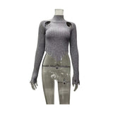 Women Knitted Sweater Sweaters Women's Clothing Turtleneck Long Sleeve Distressed Sexy Cutout Sweater