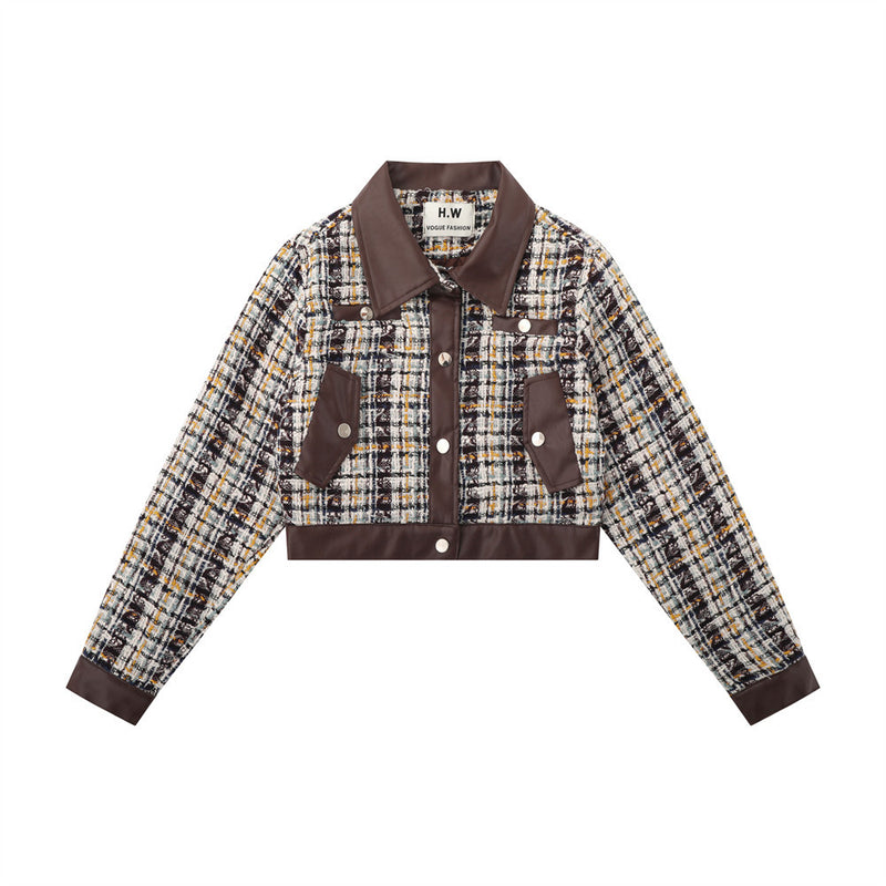 Women Jacket Houndstooth Fall Lapels Long Sleeve Stitching Leather Coat