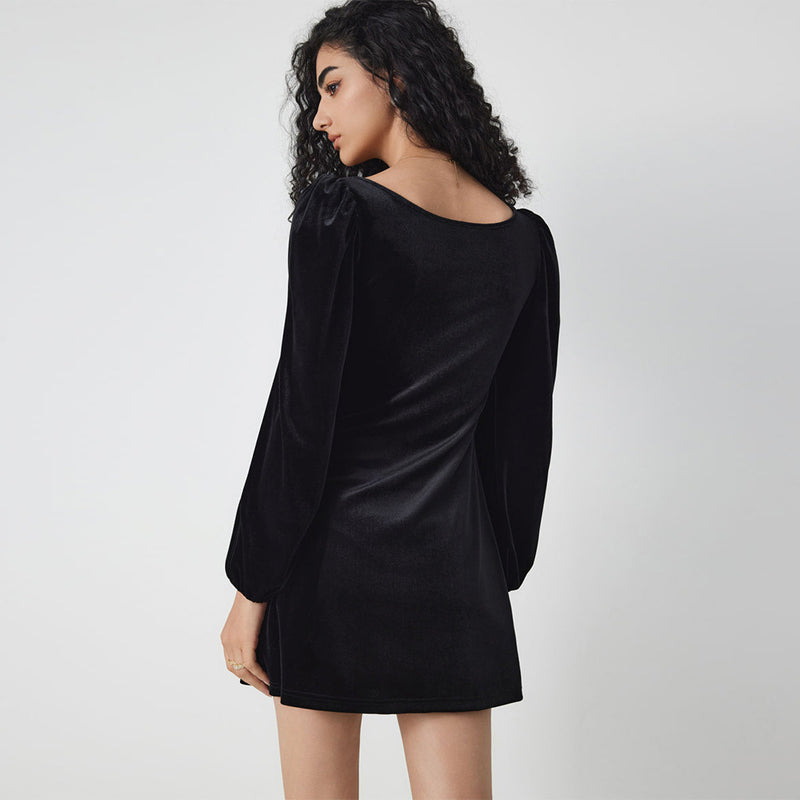 Women Dress Square Collar Long Sleeve Skirt
