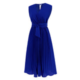 Women Date Dress Summer V-neck Pleated Sleeveless Waist Dress