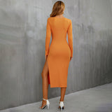 Women Dress Spring and Summer Sexy Hollow-out Split Lace-up Knitted Sheath Long Sleeve Dress