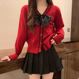 Women Knitwear Spring and Autumn Red V-neck Sweater Cardigan Knitted Cardigan