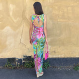 Women Dresses Summer Casual Backless Floral Print Slim Fit Dress (Bla0420)