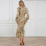 Women Date Dress Long Dress Leopard Print V-neck Belt Printed Fishtail Skirt