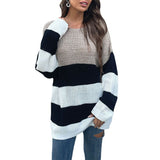 Women Knitted Sweater Fall Mid-Length Women's Striped round Neck Knitted Sweater