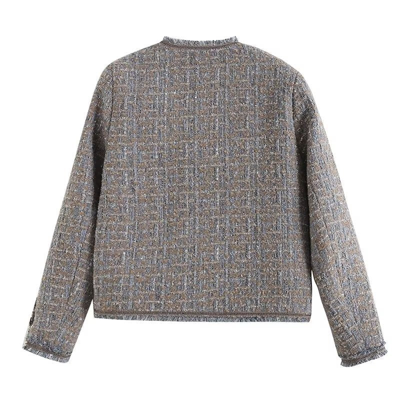 Women Woolen Coat Vintage Tweed Classic Style Raw Edge Shoulder Coat