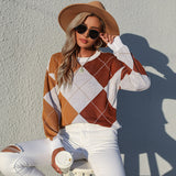 Women Knitted Sweater Autumn Crew Neck Pullover Knitting Rhombus Sweater