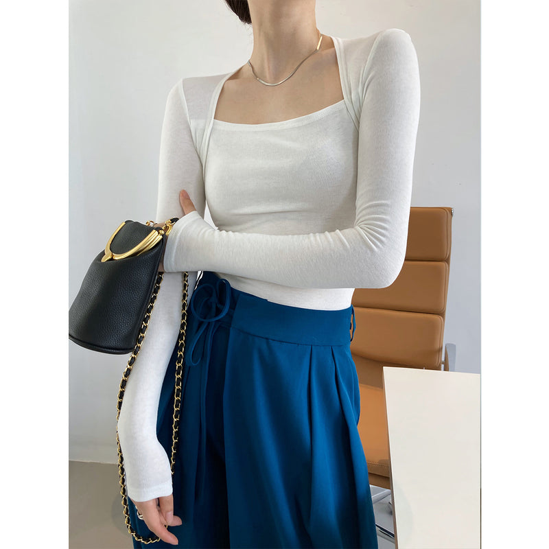 Women T Shirt Long Sleeve Square-Neck T-shirt Women's Slim Top Autumn