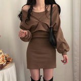 Women Dresses Brown Suspenders Dress Short Two-Piece Blouse Pack