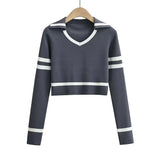 Women Sweater Knitwear Vintage Stripe Short Knitwear Autumn V Lapel Long Sleeves Cropped Top