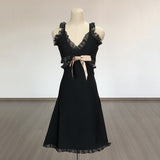 Women Evening Dress V Lace Bow Bandage One-Piece Dress
