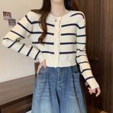 Women Knitwear Autumn Winter Retro Striped Sweaters Cardigan