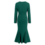 Women Date Dress Knitted Long Sleeve V-neck Lace-up Fishtail Skirt