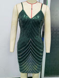 Women Evening Gown Sexy Sling Retro Patchwork Green Sequins Dress