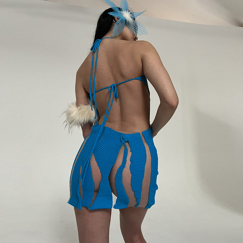 Women Dresses Spring and Summer Sexy Mesh Backless Lace-up Dress