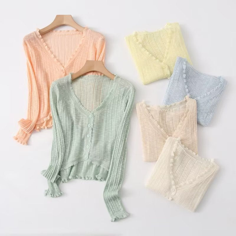 Women Sweater Knitwear Summer V-neck Knitted Sun-Proof Cardigan