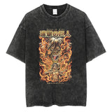 Men Washed T Shirt Black Japanese Anime Graphic Print TShirt
