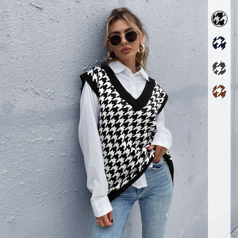 Women Knitted Sweater Autumn Loose Houndstooth V-neck Knitted Vest Women