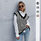 Women Knitted Sweater Autumn Loose Houndstooth V-neck Knitted Vest Women