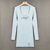 Women Dresses Square Collar Dress Sexy Embroidery Letter Sheath Long Sleeve Short Dress