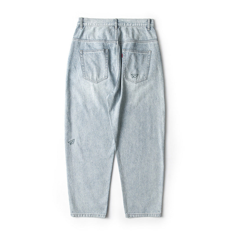 Men Jeans Embroidered Worn Looking Washed-out Jeans