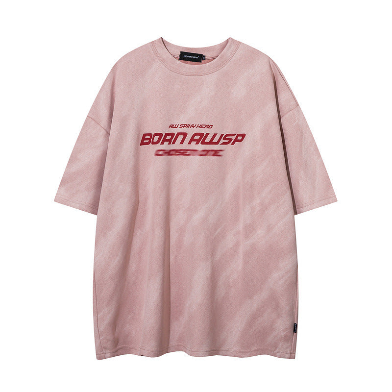 Men T Shirt Vintage Distressed Graffiti Suede Short Sleeve T-shirt